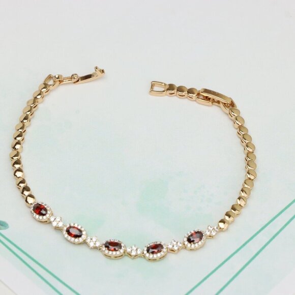 Elegant Rose Gold Bracelet with Red Stones and Sparkling CZ Accents, XPBL0642 - Picture 2 of 12